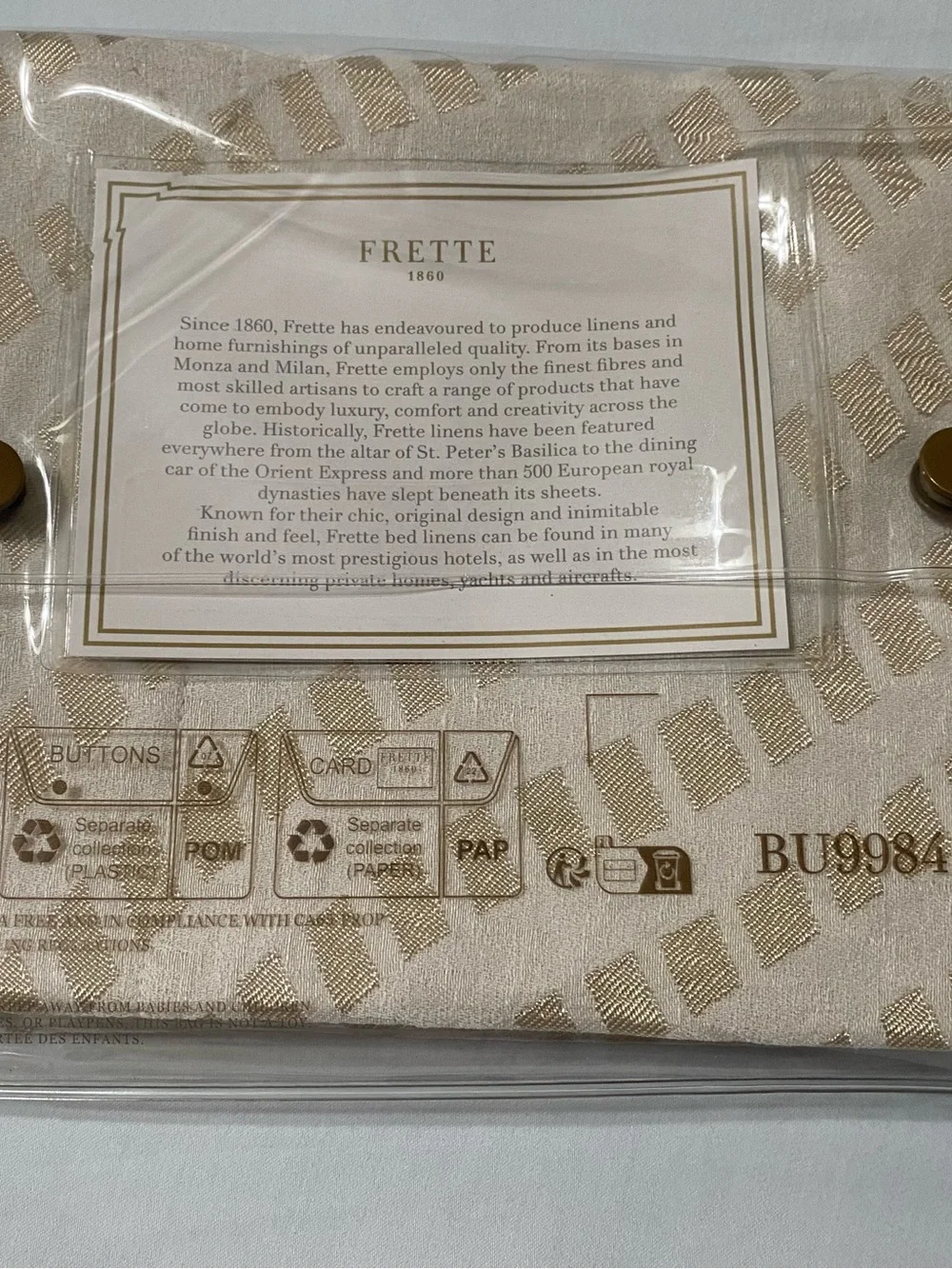 FRETTE (1) Standard Sham Beige with Gold Metallic Pattern Linen Accent